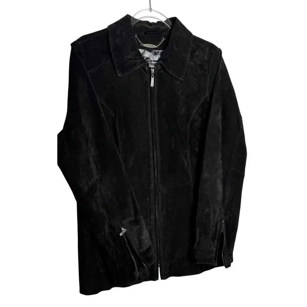 2000s Dennis Basso Washable Black Suede Leather Jacket zippered Cuffs Medium